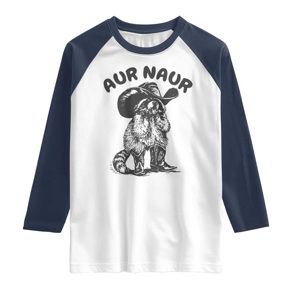 AUR Naur Cowboy Raccoon Meme Raglan Shirt Funny Sarcastic Oh No Australian Accent TS14 White Navy Print Your Wear