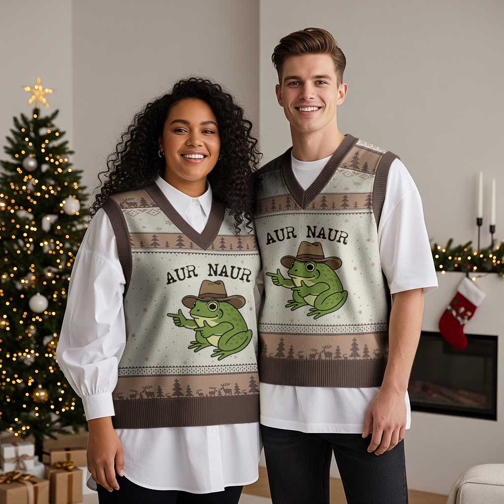 AUR Naur Cowboy Frog Meme V-Neck Knit Sweater Vest Funny Sarcastic Oh No Australian Accent TS14 Mocha Mousse Print Your Wear