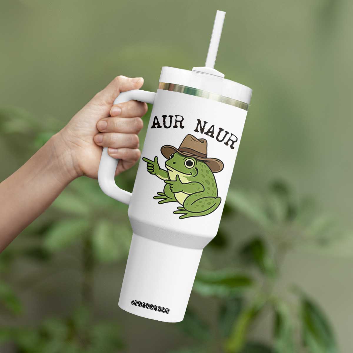 AUR Naur Cowboy Frog Meme Tumbler With Handle Funny Sarcastic Oh No Australian Accent TS14 Print Your Wear