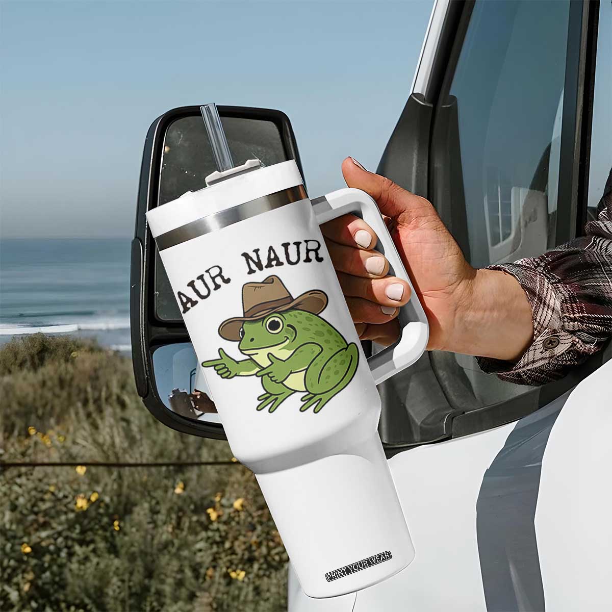 AUR Naur Cowboy Frog Meme Tumbler With Handle Funny Sarcastic Oh No Australian Accent TS14 Print Your Wear