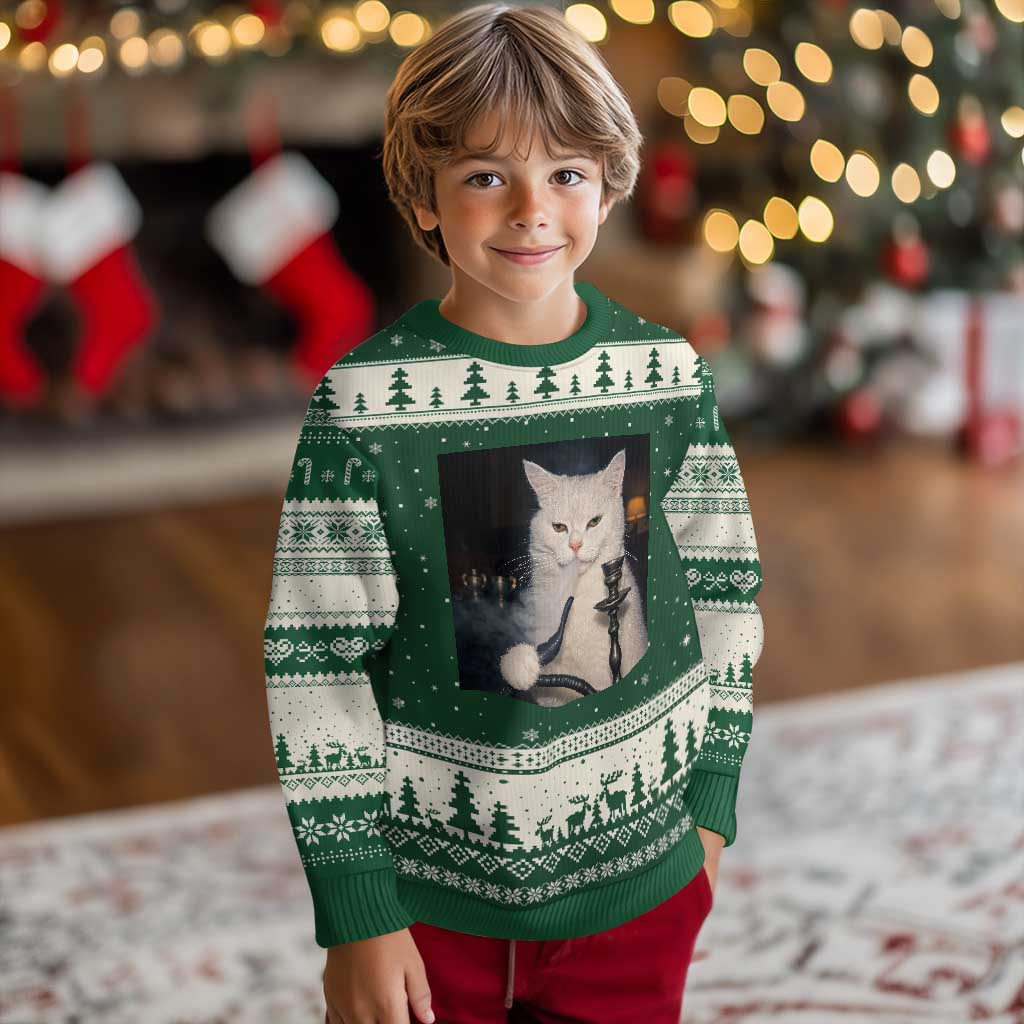 Funny Stoner Cat Ugly Christmas Sweater 420 Stoner Smoking Cat Cannabis Lover Meme TS14 Forest Green Beige Print Your Wear