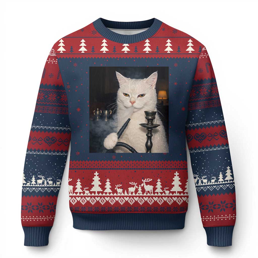 Funny Stoner Cat Ugly Christmas Sweater 420 Stoner Smoking Cat Cannabis Lover Meme TS14 Navy Red Print Your Wear