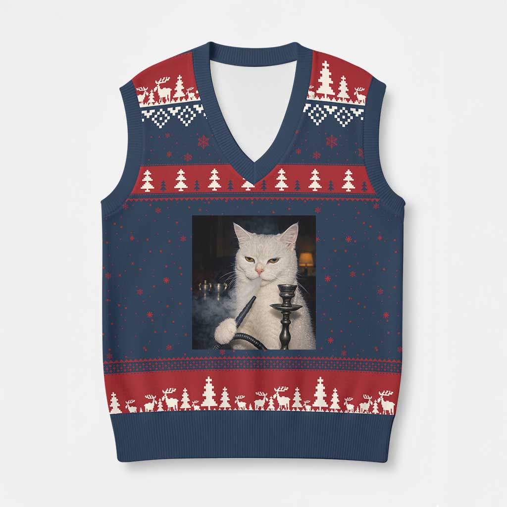 Funny Stoner Cat V-Neck Knit Sweater Vest 420 Stoner Smoking Cat Cannabis Lover Meme TS14 Navy Red Print Your Wear