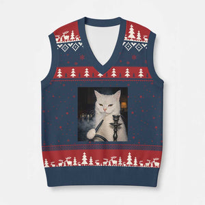 Funny Stoner Cat V-Neck Knit Sweater Vest 420 Stoner Smoking Cat Cannabis Lover Meme TS14 Navy Red Print Your Wear