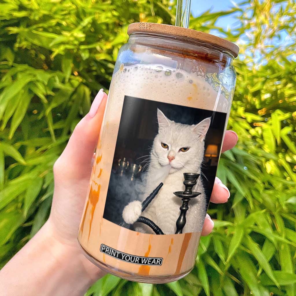Funny Stoner Cat Glass Can 420 Stoner Smoking Cat Cannabis Lover Meme TS14 Black Print Your Wear