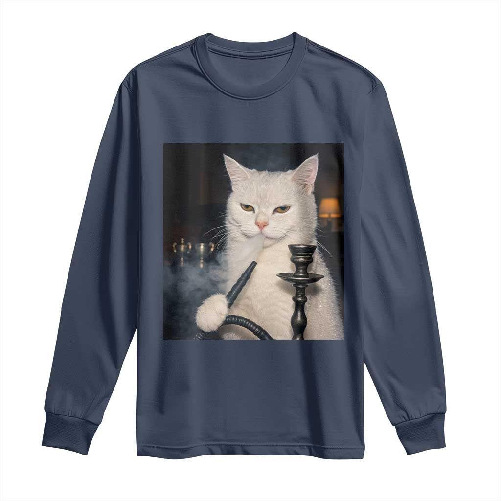 Funny Stoner Cat Long Sleeve Shirt 420 Stoner Smoking Cat Cannabis Lover Meme TS14 Navy Print Your Wear