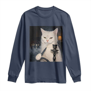 Funny Stoner Cat Long Sleeve Shirt 420 Stoner Smoking Cat Cannabis Lover Meme TS14 Navy Print Your Wear
