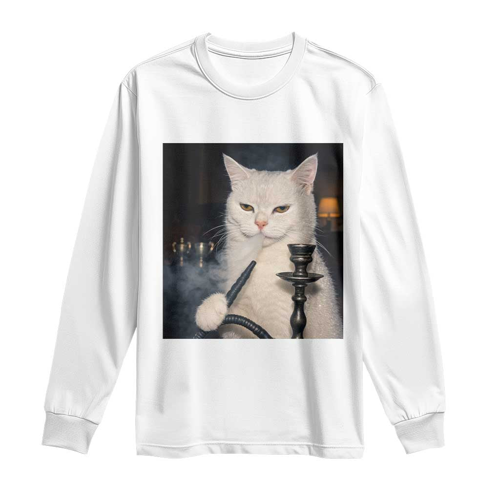 Funny Stoner Cat Long Sleeve Shirt 420 Stoner Smoking Cat Cannabis Lover Meme TS14 White Print Your Wear
