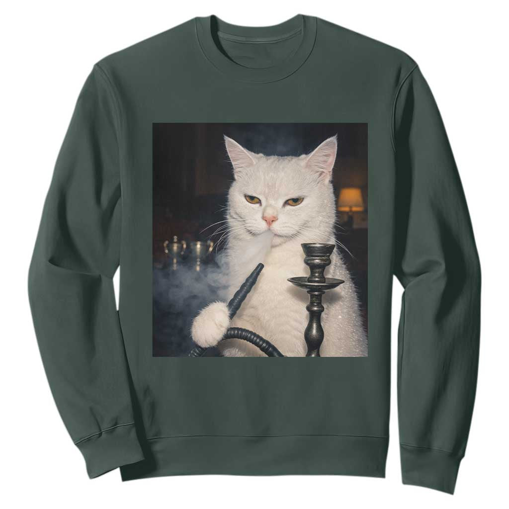 Funny Stoner Cat Sweatshirt 420 Stoner Smoking Cat Cannabis Lover Meme TS14 Dark Forest Green Print Your Wear