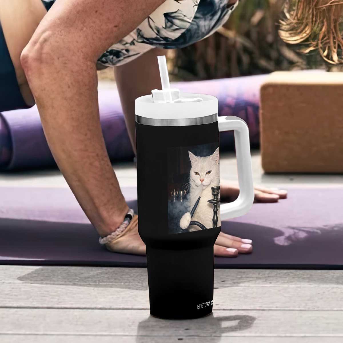 Funny Stoner Cat Tumbler With Handle 420 Stoner Smoking Cat Cannabis Lover Meme TS14 Print Your Wear