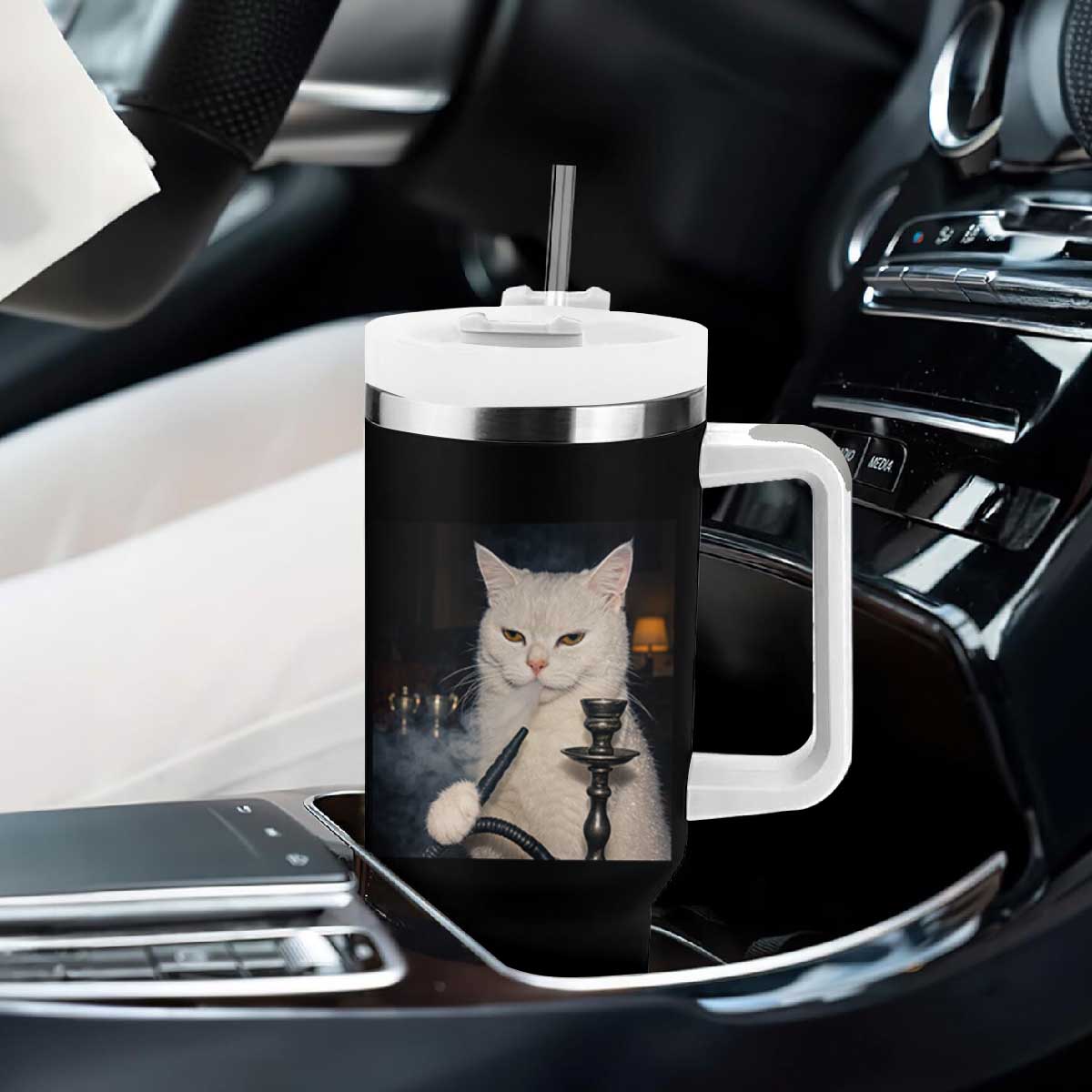 Funny Stoner Cat Tumbler With Handle 420 Stoner Smoking Cat Cannabis Lover Meme TS14 Print Your Wear