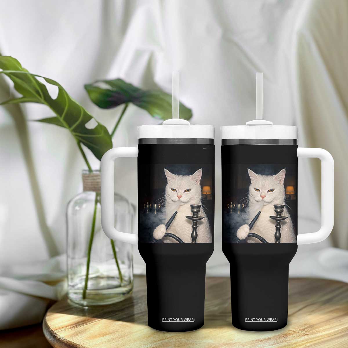 Funny Stoner Cat Tumbler With Handle 420 Stoner Smoking Cat Cannabis Lover Meme TS14 Print Your Wear