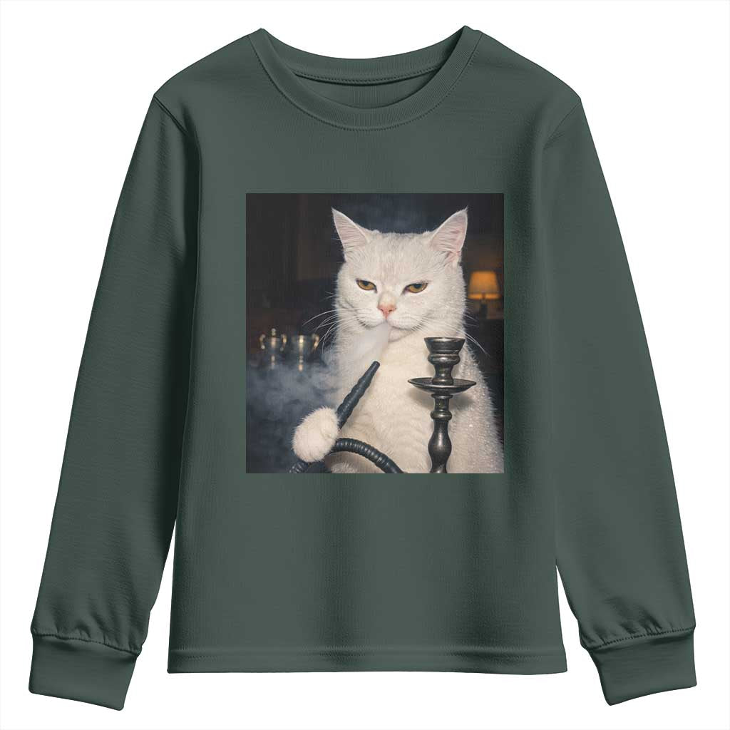Funny Stoner Cat Youth Sweatshirt 420 Stoner Smoking Cat Cannabis Lover Meme TS14 Dark Forest Green Print Your Wear