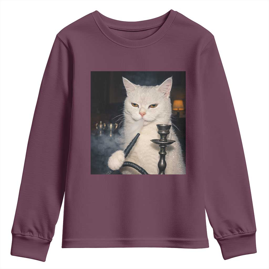 Funny Stoner Cat Youth Sweatshirt 420 Stoner Smoking Cat Cannabis Lover Meme TS14 Maroon Print Your Wear