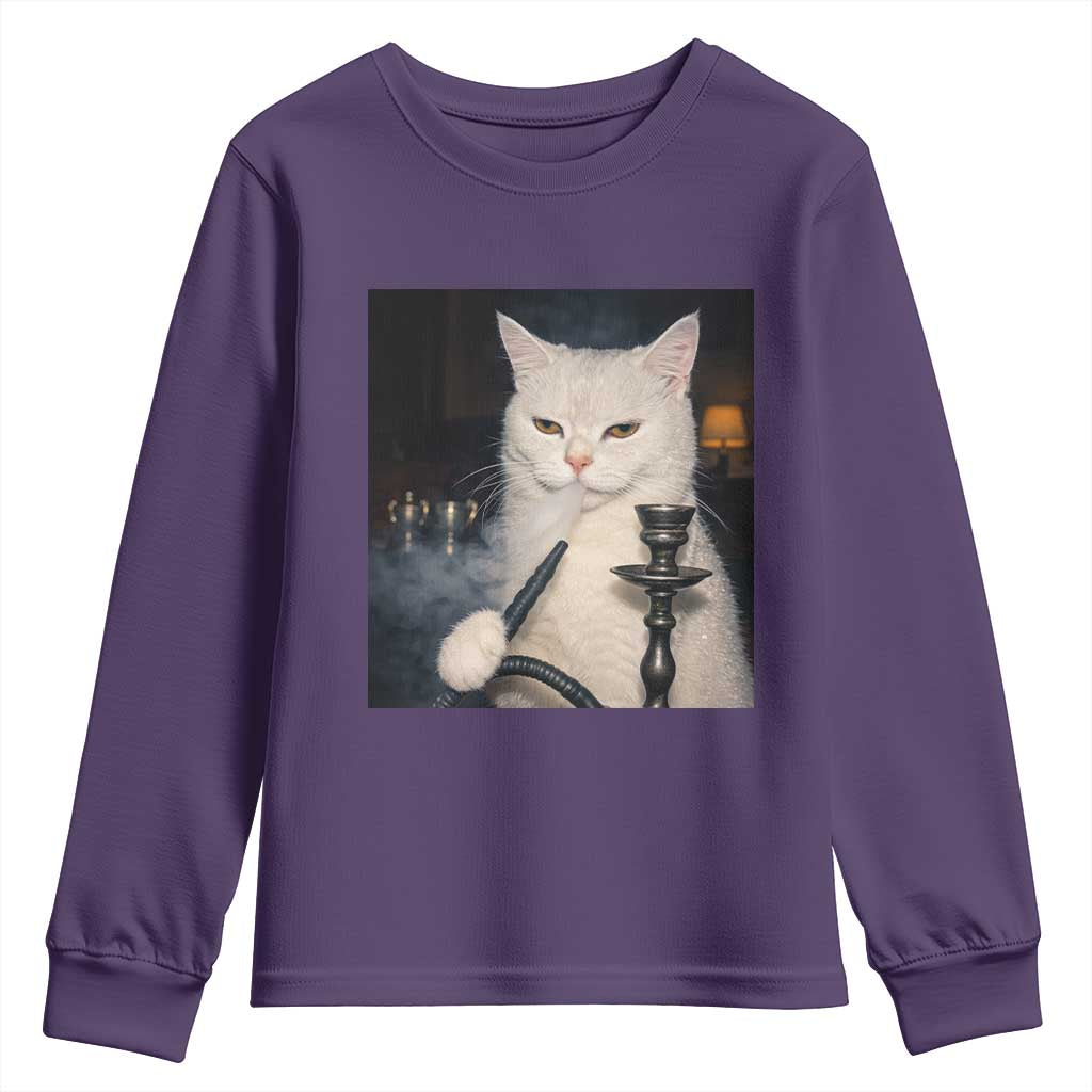 Funny Stoner Cat Youth Sweatshirt 420 Stoner Smoking Cat Cannabis Lover Meme TS14 Purple Print Your Wear