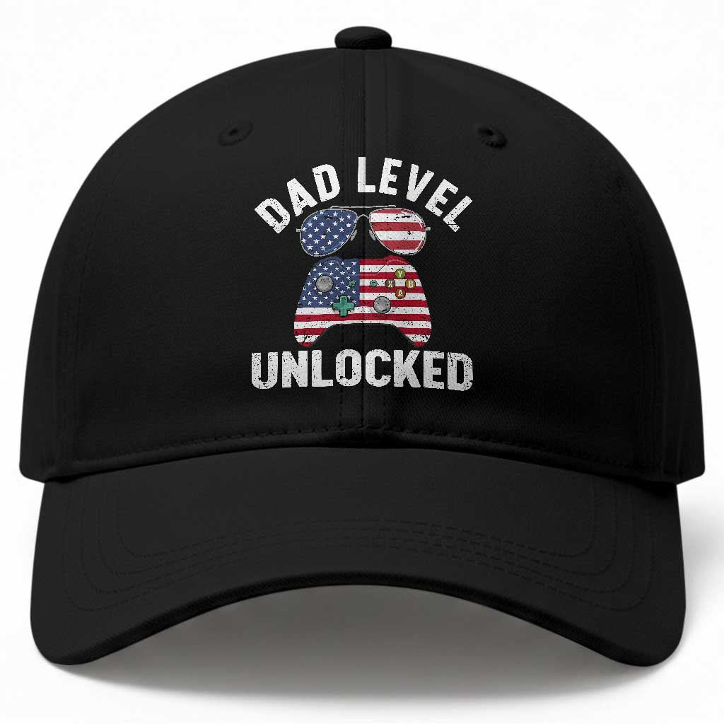 Dad Level Unlocked Baseball Cap New Dad Gamer American Flag 4th of July