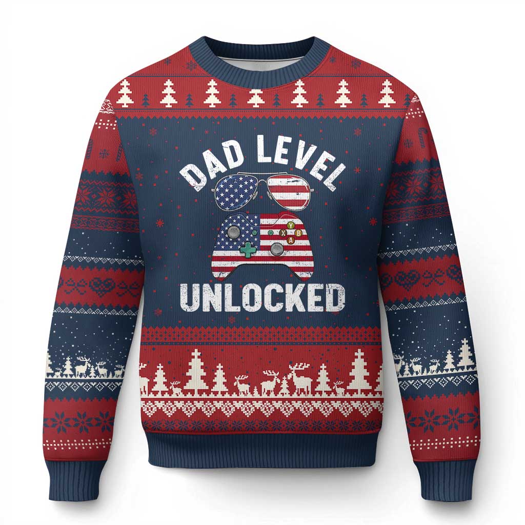 Dad Level Unlocked Ugly Christmas Sweater New Dad Gamer American Flag 4th of July TS14 Navy Red Print Your Wear