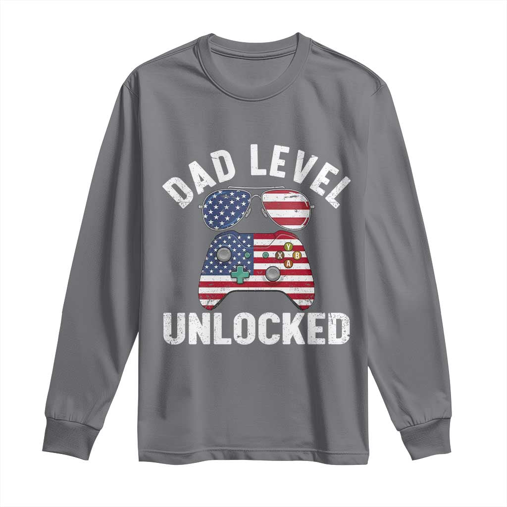 Dad Level Unlocked Long Sleeve Shirt New Dad Gamer American Flag 4th of July TS14 Charcoal Print Your Wear