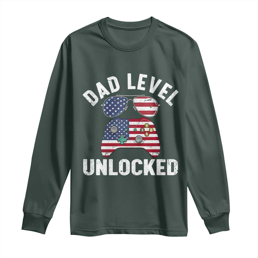 Dad Level Unlocked Long Sleeve Shirt New Dad Gamer American Flag 4th of July TS14 Dark Forest Green Print Your Wear