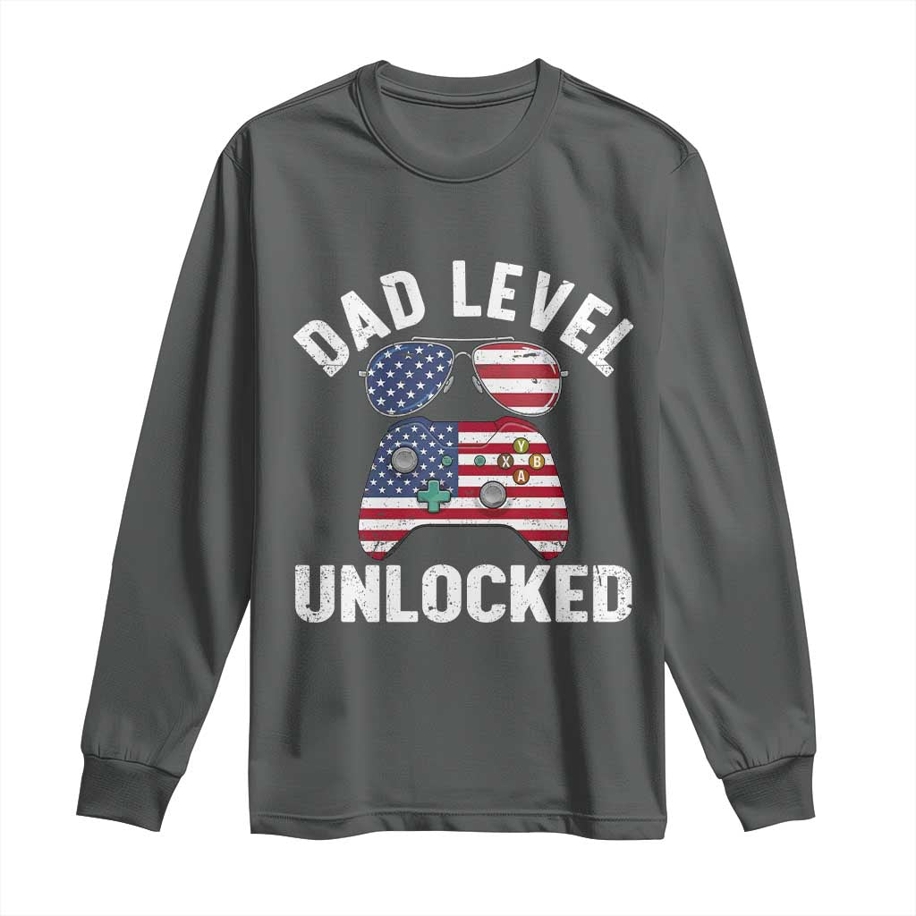 Dad Level Unlocked Long Sleeve Shirt New Dad Gamer American Flag 4th of July TS14 Dark Heather Print Your Wear