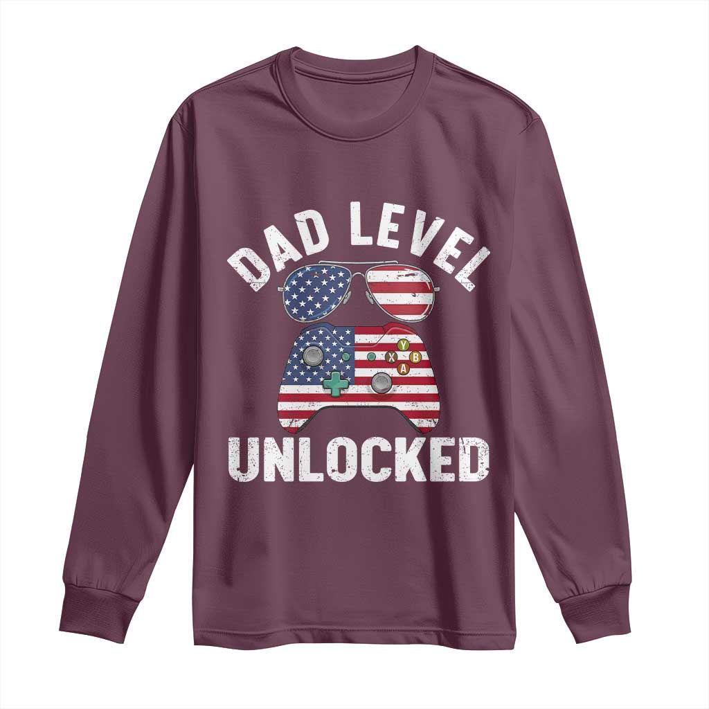 Dad Level Unlocked Long Sleeve Shirt New Dad Gamer American Flag 4th of July TS14 Maroon Print Your Wear
