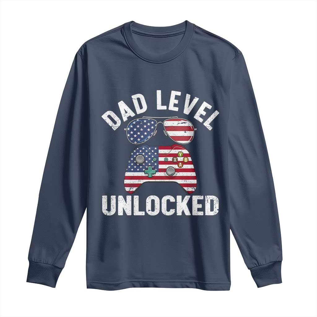 Dad Level Unlocked Long Sleeve Shirt New Dad Gamer American Flag 4th of July TS14 Navy Print Your Wear