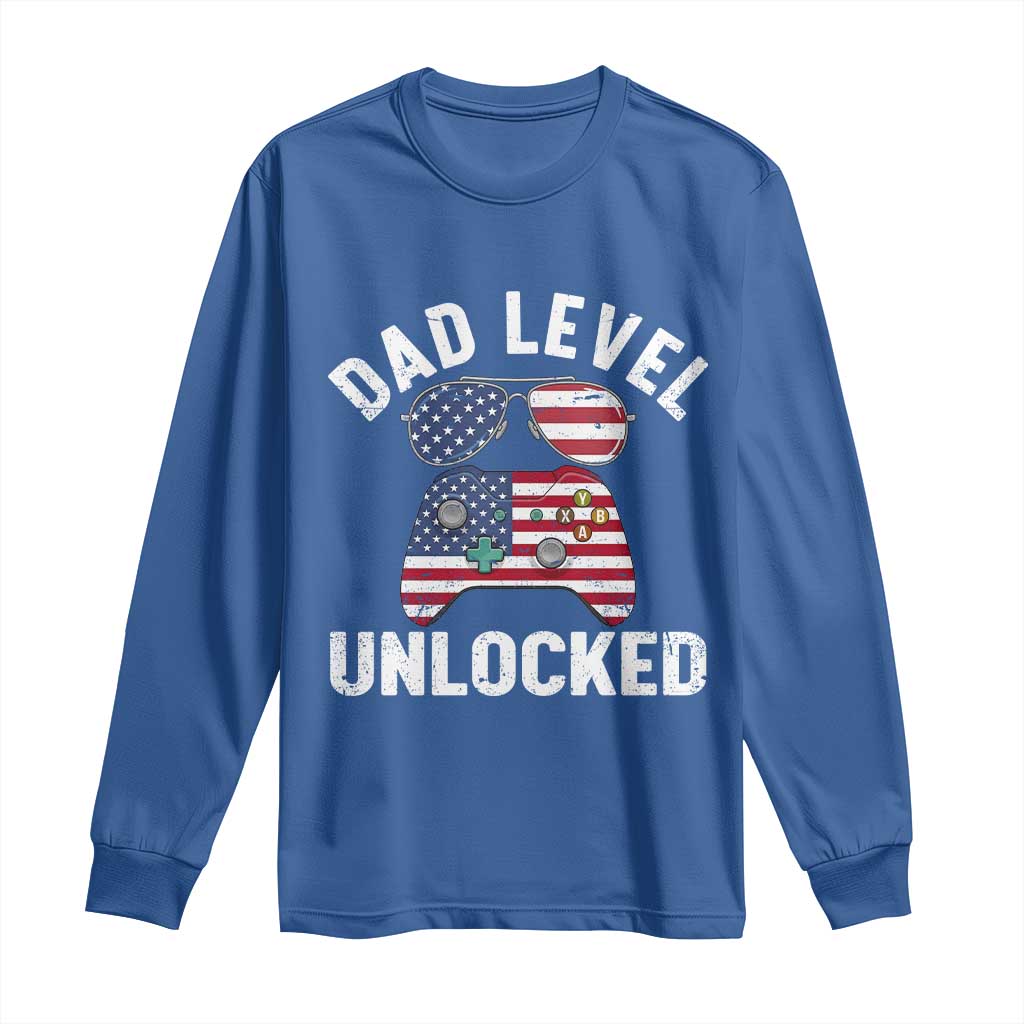 Dad Level Unlocked Long Sleeve Shirt New Dad Gamer American Flag 4th of July TS14 Royal Blue Print Your Wear