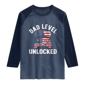 Dad Level Unlocked Raglan Shirt New Dad Gamer American Flag 4th of July TS14 Heather Denim Navy Print Your Wear