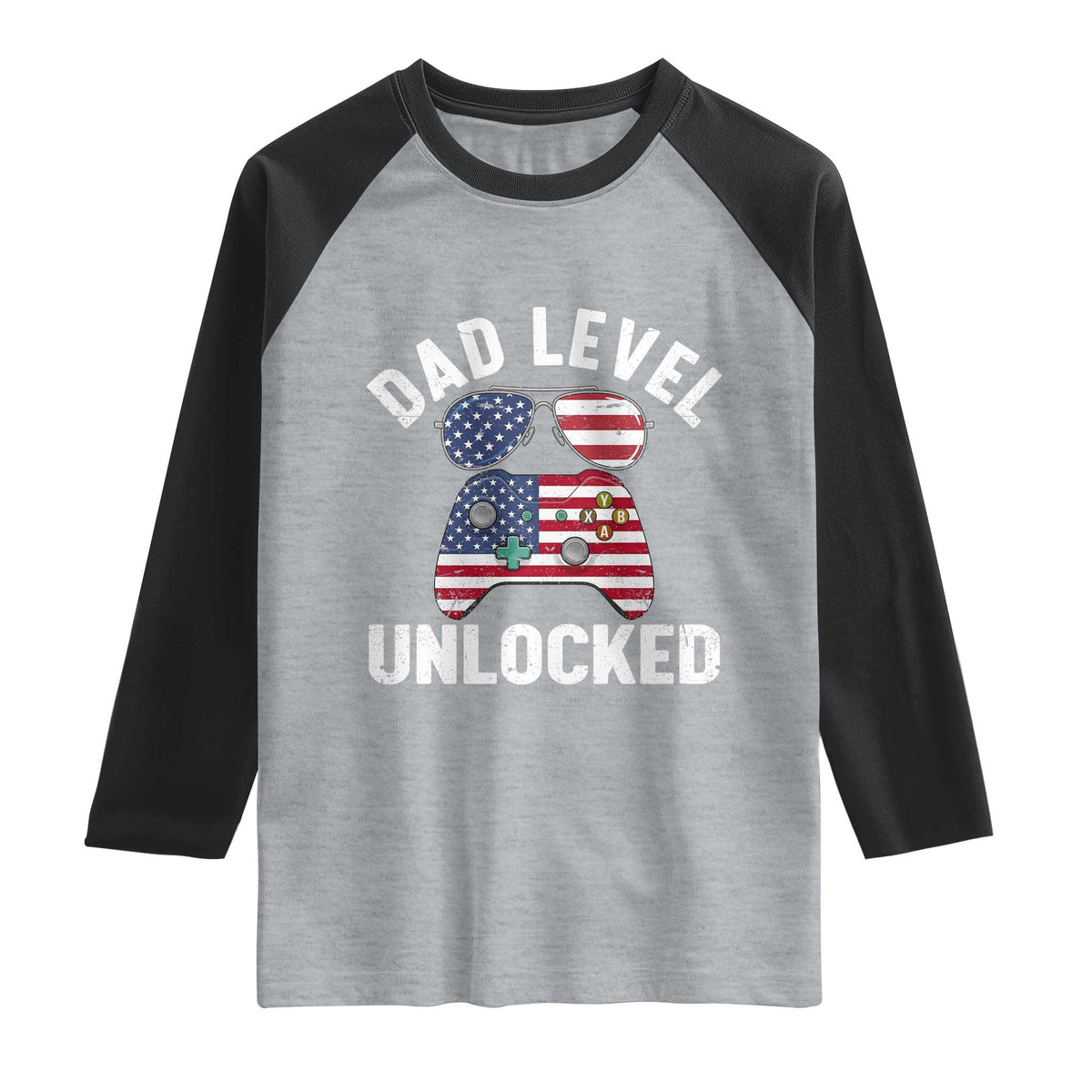 Dad Level Unlocked Raglan Shirt New Dad Gamer American Flag 4th of July TS14 Heather Gray Black Print Your Wear