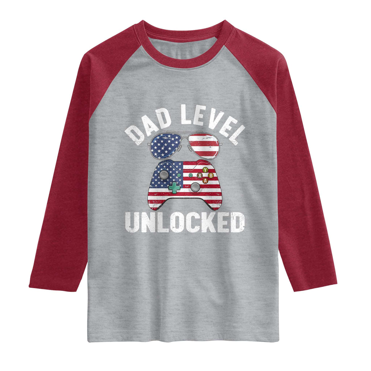 Dad Level Unlocked Raglan Shirt New Dad Gamer American Flag 4th of July TS14 Heather Gray Heather Red Print Your Wear