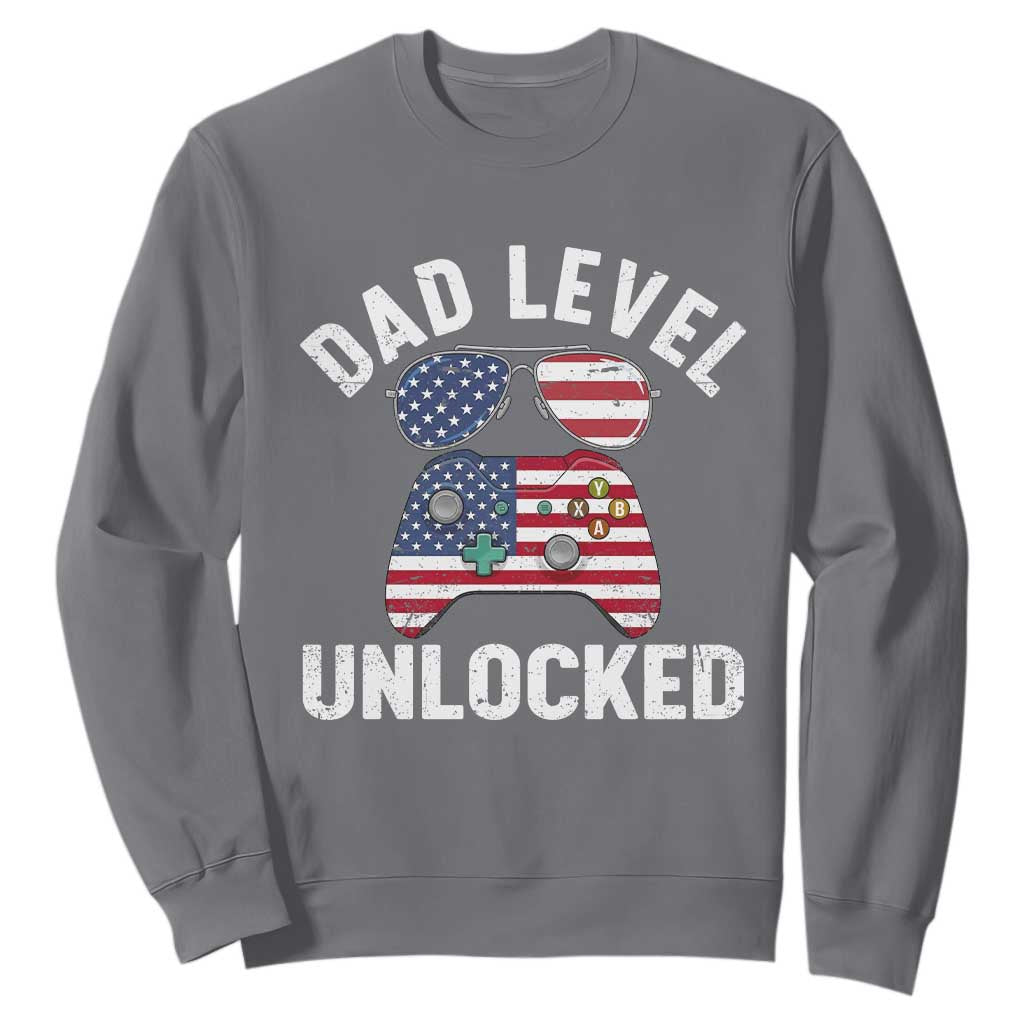 Dad Level Unlocked Sweatshirt New Dad Gamer American Flag 4th of July TS14 Charcoal Print Your Wear
