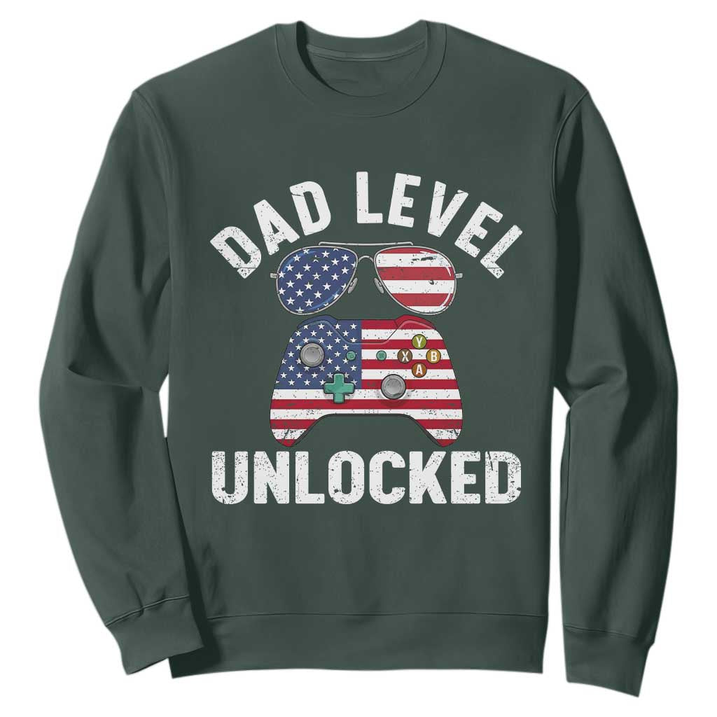 Dad Level Unlocked Sweatshirt New Dad Gamer American Flag 4th of July TS14 Dark Forest Green Print Your Wear