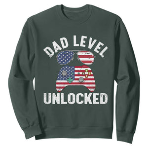 Dad Level Unlocked Sweatshirt New Dad Gamer American Flag 4th of July TS14 Dark Forest Green Print Your Wear