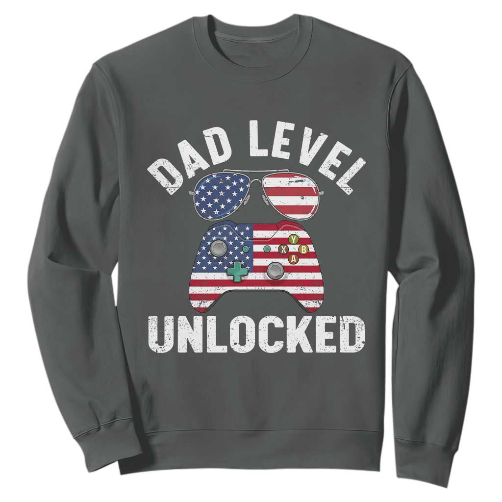 Dad Level Unlocked Sweatshirt New Dad Gamer American Flag 4th of July TS14 Dark Heather Print Your Wear