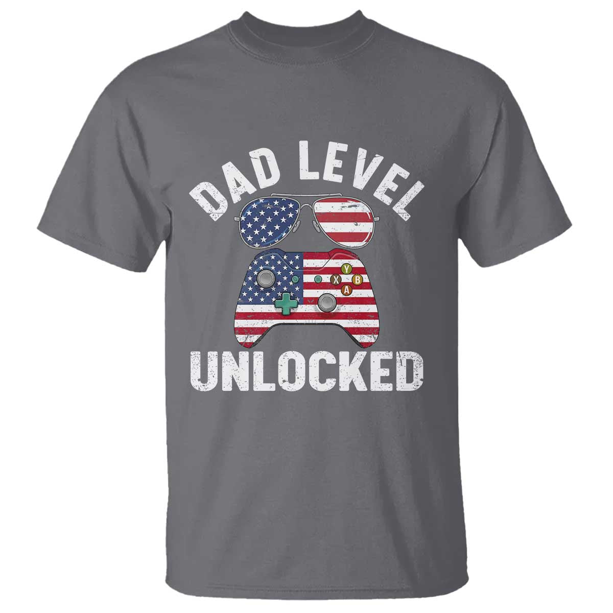 Dad Level Unlocked T Shirt New Dad Gamer American Flag 4th of July TS14 Charcoal Print Your Wear