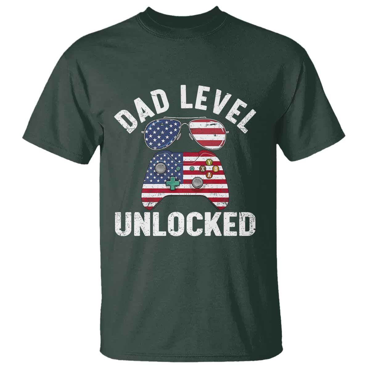 Dad Level Unlocked T Shirt New Dad Gamer American Flag 4th of July TS14 Dark Forest Green Print Your Wear