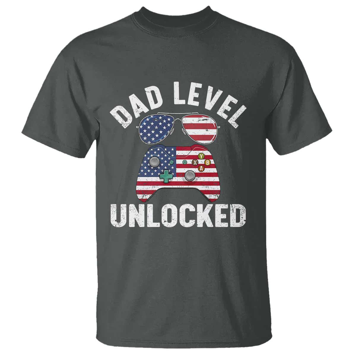 Dad Level Unlocked T Shirt New Dad Gamer American Flag 4th of July TS14 Dark Heather Print Your Wear