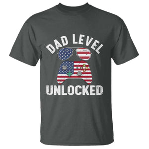 Dad Level Unlocked T Shirt New Dad Gamer American Flag 4th of July TS14 Dark Heather Print Your Wear