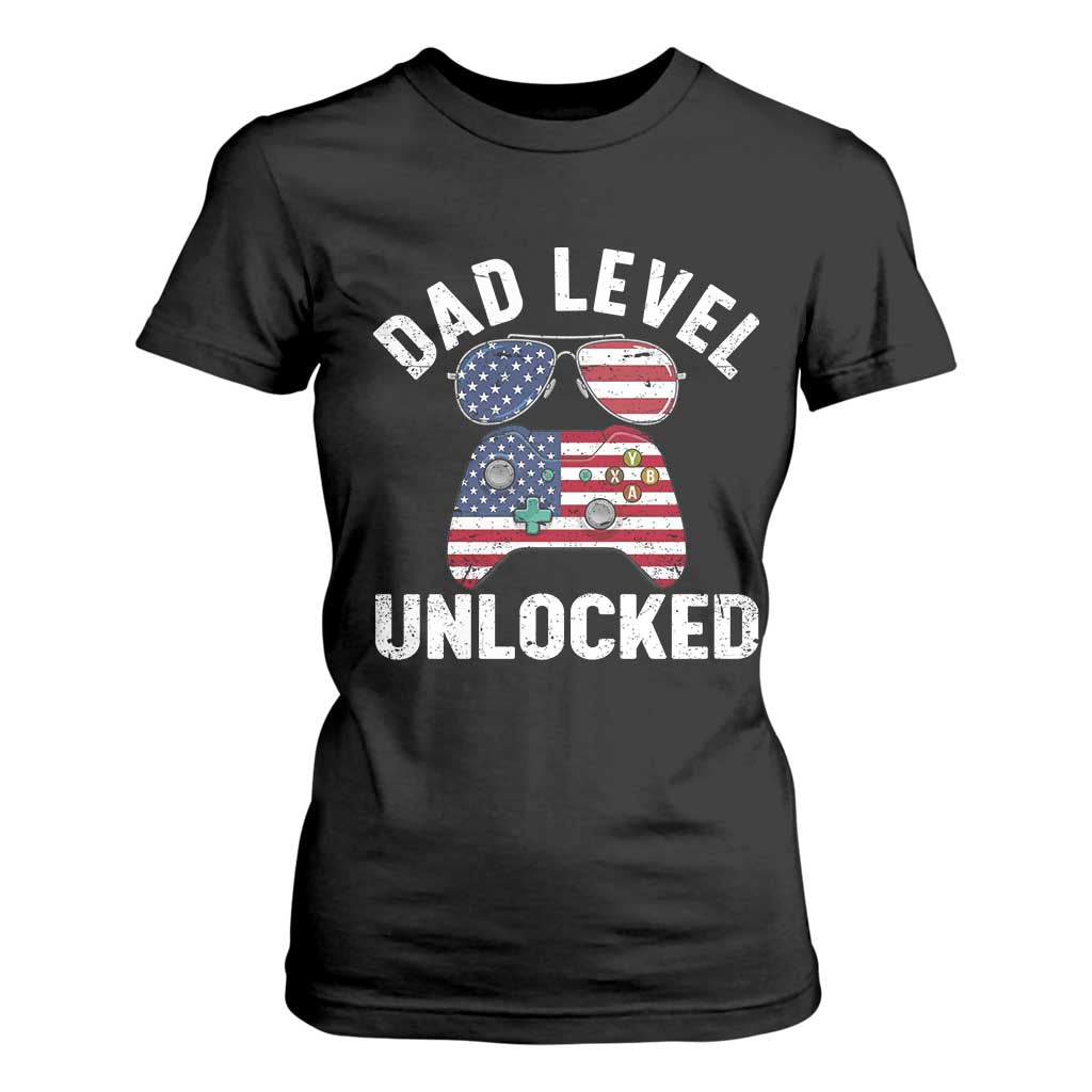 Dad Level Unlocked T Shirt For Women New Dad Gamer American Flag 4th of July TS14 Black Print Your Wear