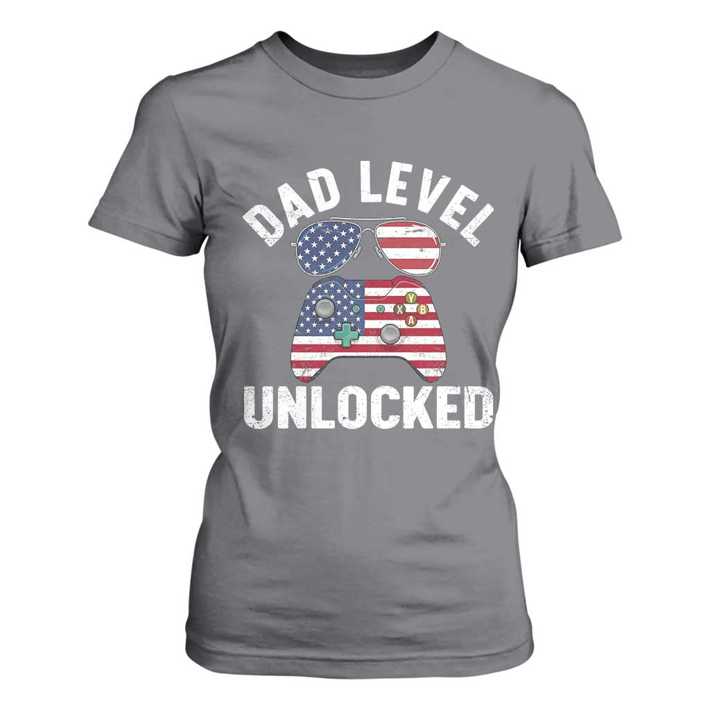 Dad Level Unlocked T Shirt For Women New Dad Gamer American Flag 4th of July TS14 Charcoal Print Your Wear