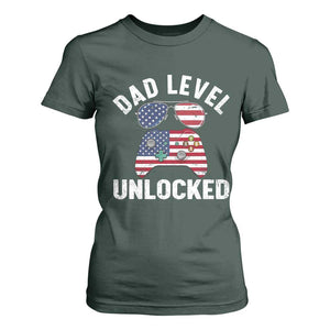 Dad Level Unlocked T Shirt For Women New Dad Gamer American Flag 4th of July TS14 Dark Forest Green Print Your Wear