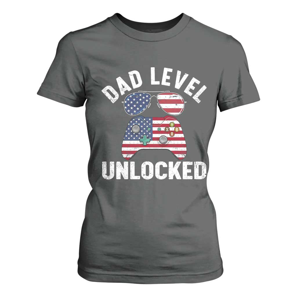 Dad Level Unlocked T Shirt For Women New Dad Gamer American Flag 4th of July TS14 Dark Heather Print Your Wear
