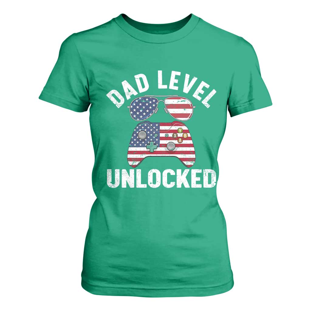 Dad Level Unlocked T Shirt For Women New Dad Gamer American Flag 4th of July TS14 Irish Green Print Your Wear