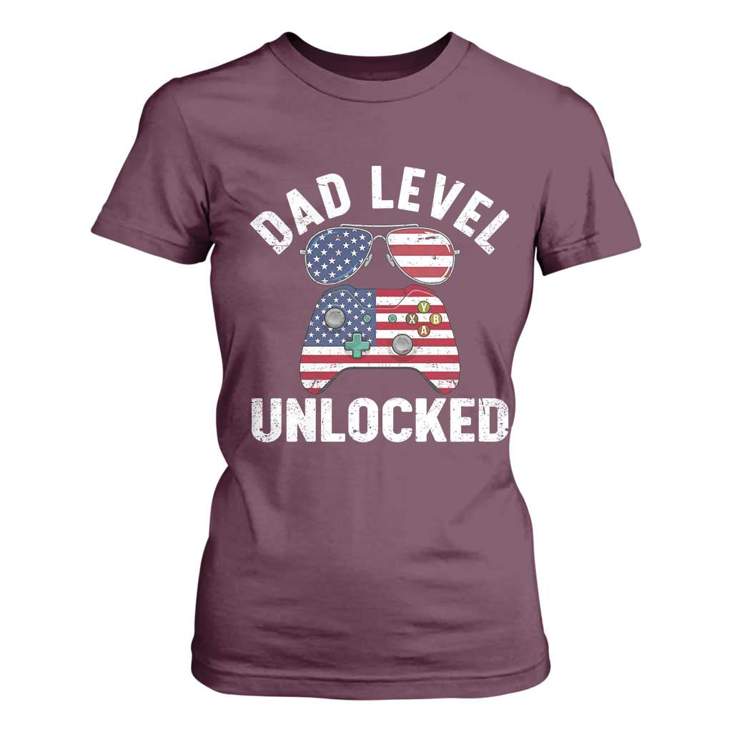 Dad Level Unlocked T Shirt For Women New Dad Gamer American Flag 4th of July TS14 Maroon Print Your Wear