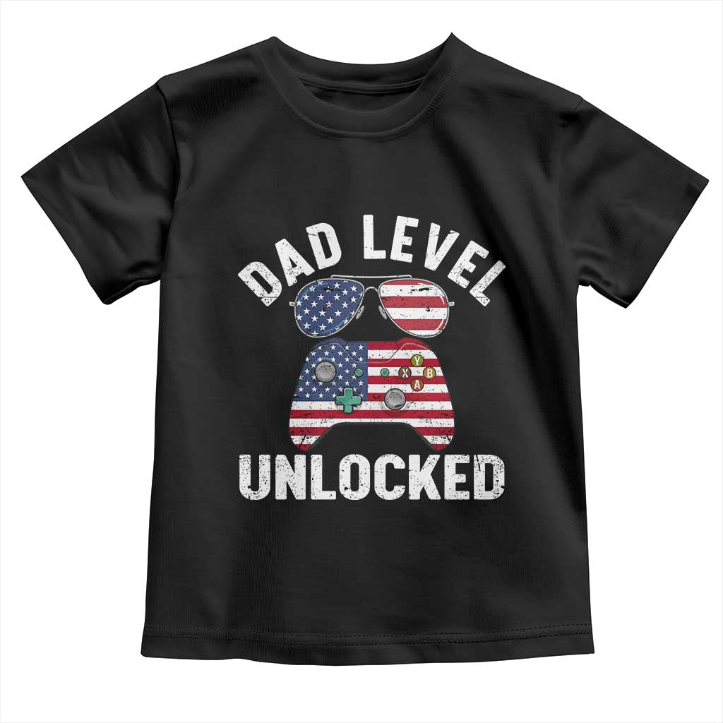 Dad Level Unlocked Toddler T Shirt New Dad Gamer American Flag 4th of July TS14 Black Print Your Wear