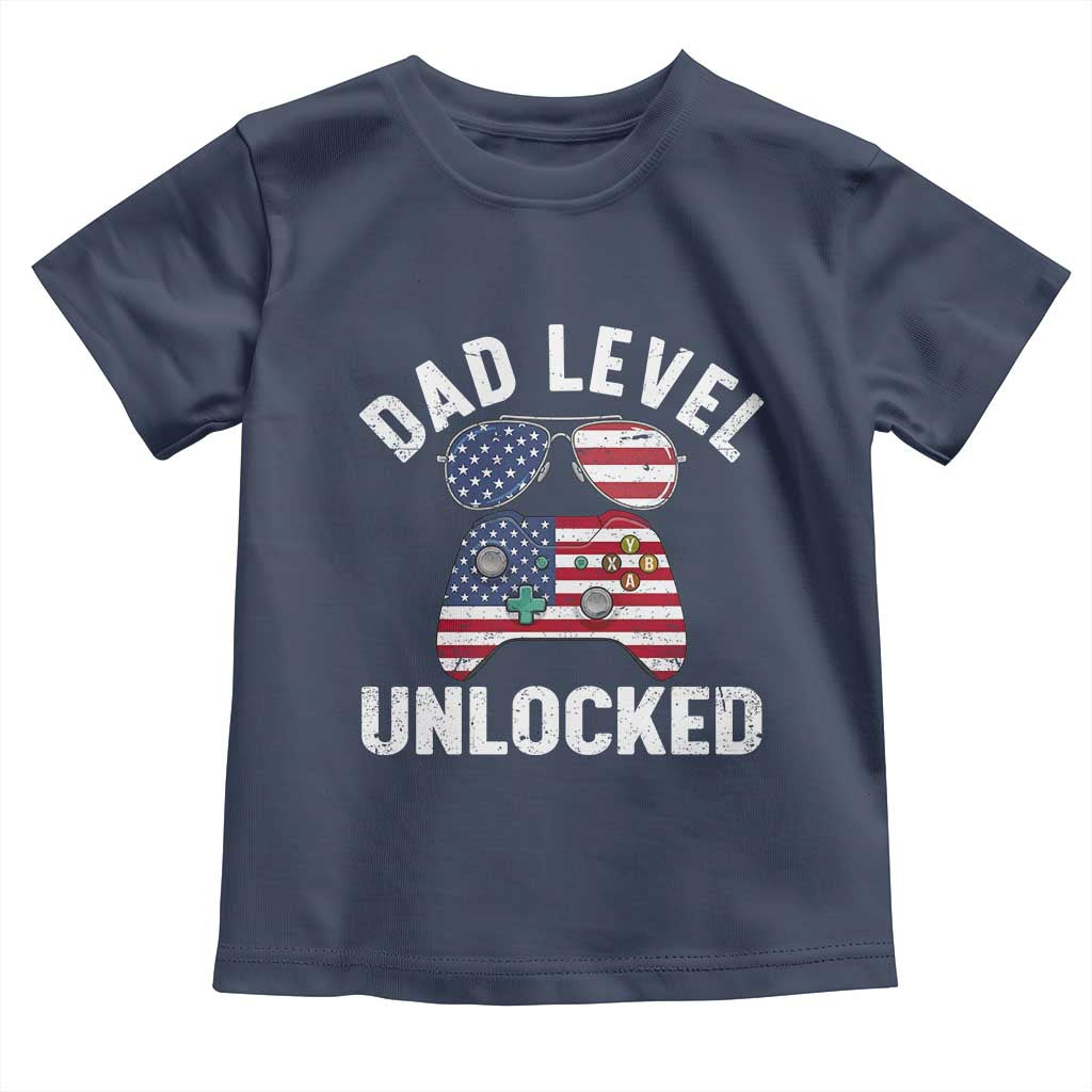 Dad Level Unlocked Toddler T Shirt New Dad Gamer American Flag 4th of July TS14 Navy Print Your Wear