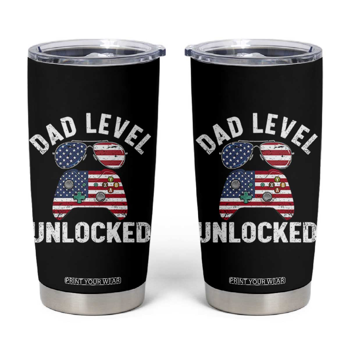 Dad Level Unlocked Tumbler Cup New Dad Gamer American Flag 4th of July TS14 Black Print Your Wear