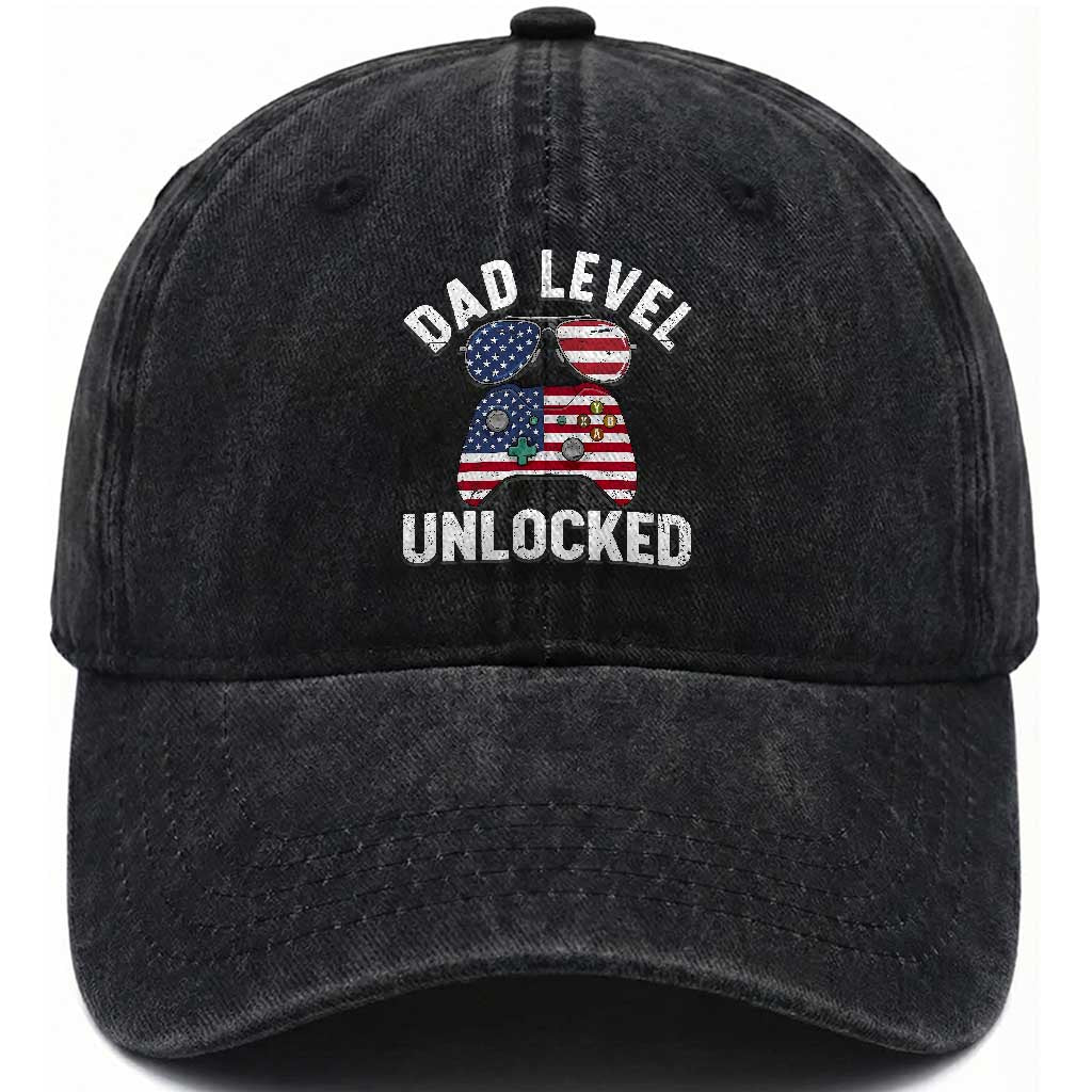 Dad Level Unlocked Washed Cotton Baseball Cap New Dad Gamer American Flag 4th of July TS14 Print Your Wear