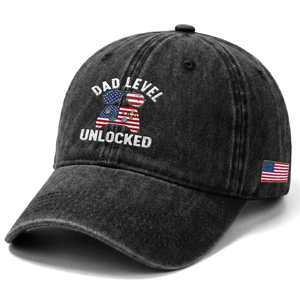 Dad Level Unlocked Washed Cotton Baseball Cap New Dad Gamer American Flag 4th of July