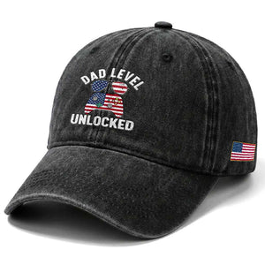 Dad Level Unlocked Washed Cotton Baseball Cap New Dad Gamer American Flag 4th of July